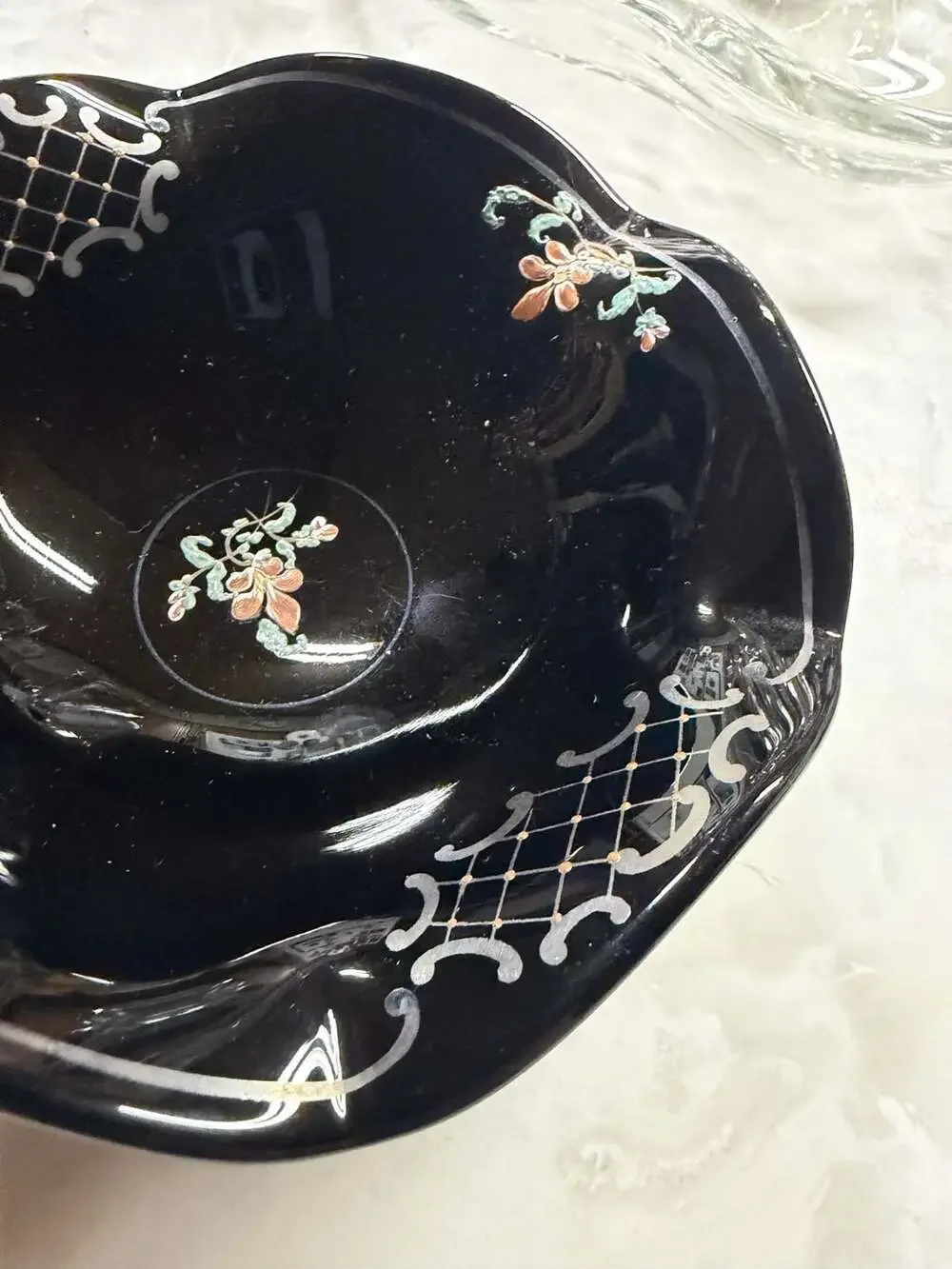 Vintage Japanese Black Porcelain Scalloped Footed Bowl with Hand-Painted Floral
